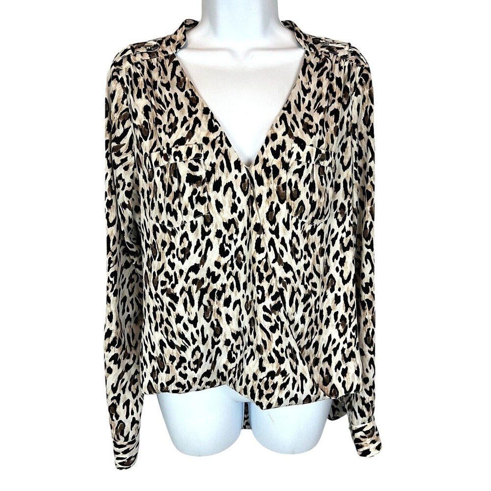 WHBM White House Black Market Surplice Leopard Long Sleeve Blouse Top Size 8